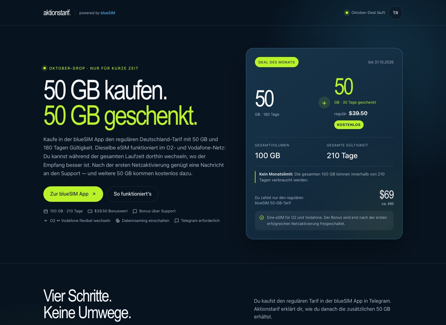 Screenshot der Website — Aktionstarif